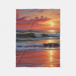 Red Sunset Ocean Seascape Painting Artwork Fleece Blanket