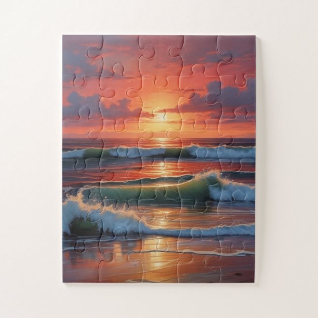 Red Sunset Ocean Seascape Painting Artwork Jigsaw Puzzle (Vertical)