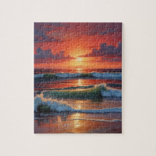 Red Sunset Ocean Seascape Painting Artwork Jigsaw Puzzle