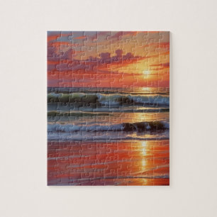 Red Sunset Ocean Seascape Painting Artwork Jigsaw Puzzle