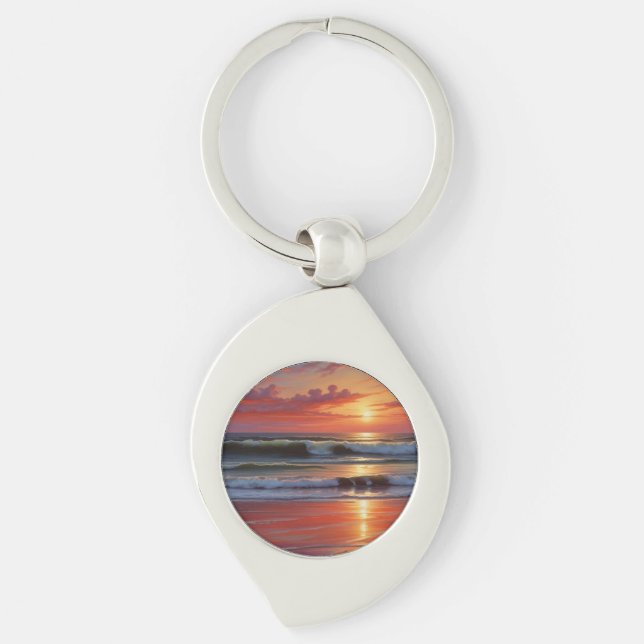 Red Sunset Ocean Seascape Painting Artwork Keychain (Front)