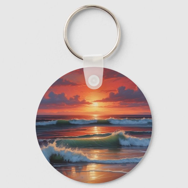 Red Sunset Ocean Seascape Painting Artwork Keychain (Front)