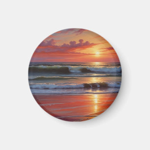Red Sunset Ocean Seascape Painting Artwork Magnet