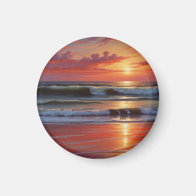 Red Sunset Ocean Seascape Painting Artwork Magnet (Front)