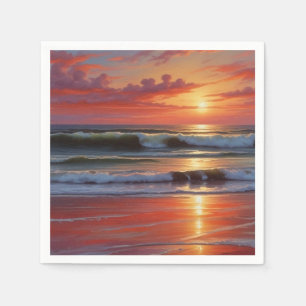 Red Sunset Ocean Seascape Painting Artwork Napkin