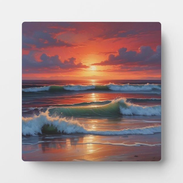 Red Sunset Ocean Seascape Painting Artwork Plaque (Front)