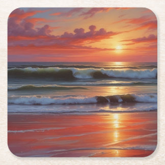 Red Sunset Ocean Seascape Painting Artwork Square Paper Coaster
