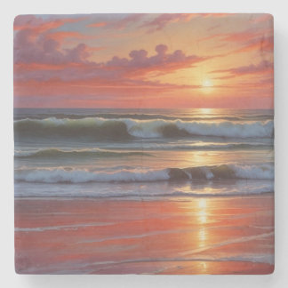 Red Sunset Ocean Seascape Painting Artwork Stone Coaster