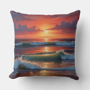 Red Sunset Ocean Seascape Painting Artwork Throw Pillow