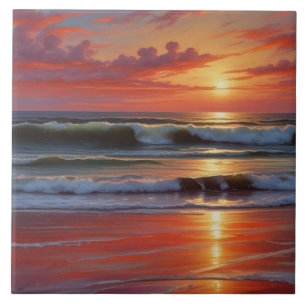 Red Sunset Ocean Seascape Painting Artwork Tile