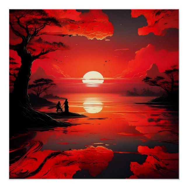 Red Sunset Reflection – Peaceful Nature Art Poster (Front)