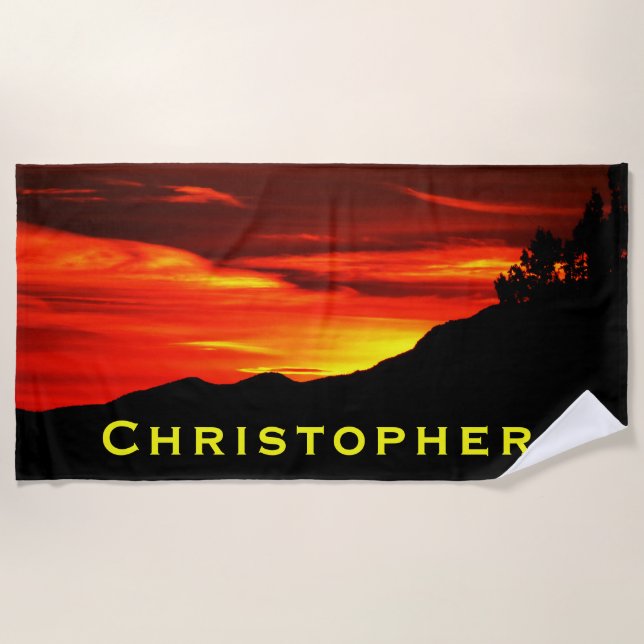 Red Sunset Sky Kolob Terrace Beach Towel with Name (Front)