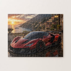 Red Supercar at Mediterranean Sunset Jigsaw Puzzle