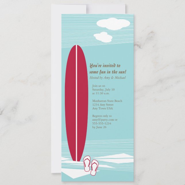 Red Surfboard & Flip Flops Party Invite (Front)