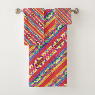 red swatches, stripes, and colorful pixels bath towel set