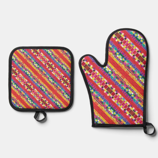 red swatches, stripes, and colourful pixels oven mitt & pot holder set (Front)