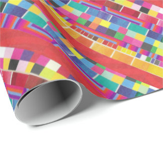 red swatches, stripes, and colourful pixels wrapping paper