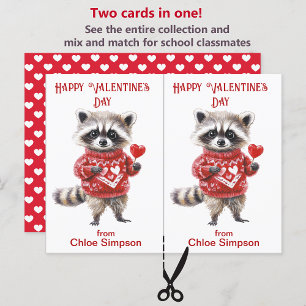 Red Sweater Raccoon Kid's Valentine Classroom Card