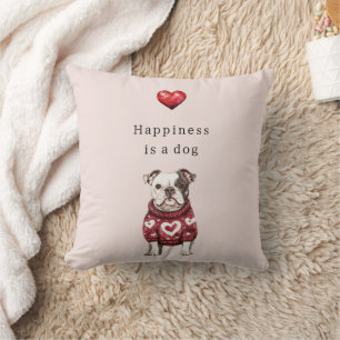 Red Sweater White Hearts Happiness is a dog Throw Pillow