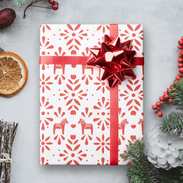 Red Swedish Dala Horse White Holiday Gift Wrap (Creator Uploaded)