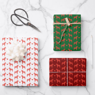 Red Swedish Dala Horse with Hearts Holiday Wrapping Paper Sheet