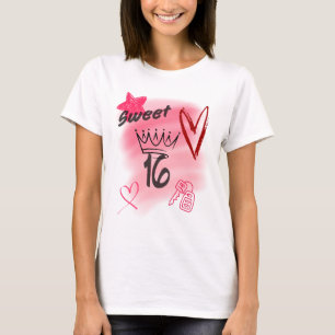 Red Sweet 16 Airbrush Aesthetic Topped with Crown T-Shirt