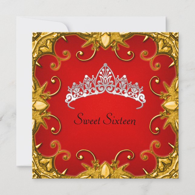 Red Sweet 16 Birthday Party Gold White Tiara Invitation (Front)