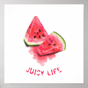 Red Sweet Juicy Watermelon Pieces Tasty - Drawing  Poster