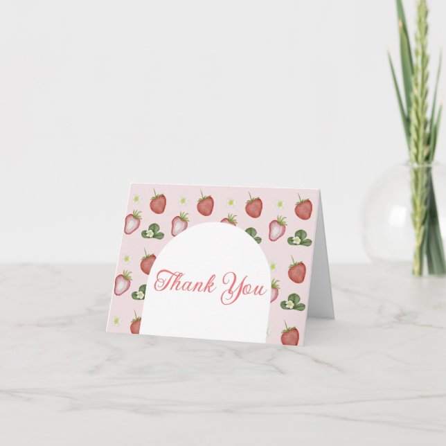 Red Sweet Strawberry Girl 1st Birthday Party Thank You Card (Front)