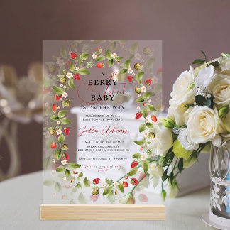 Red Sweet Strawberry Wildflower Wreath Baby Shower Acrylic Invitations