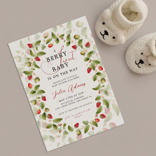 Red Sweet Strawberry Wildflower Wreath Baby Shower Invitation