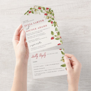 Red Sweet Wild Strawberry Flowers Wedding All In One Invitation