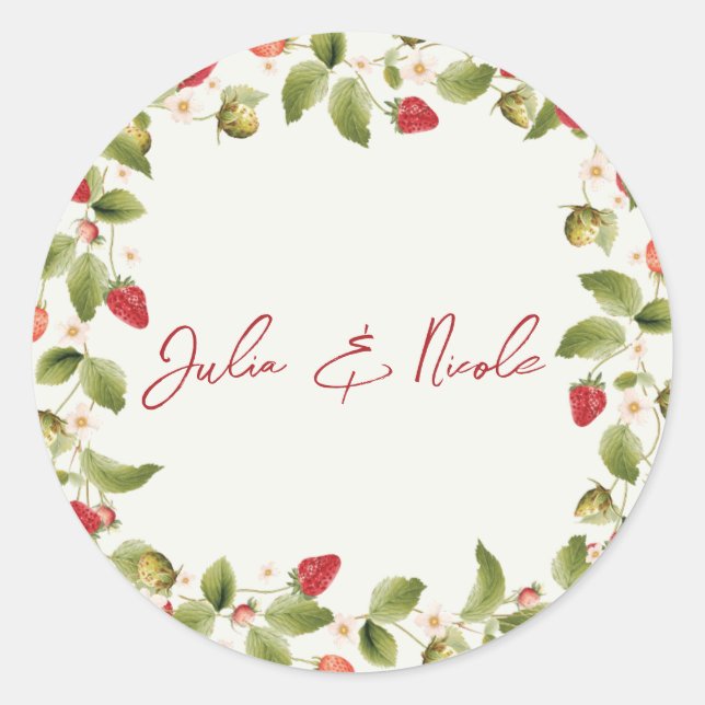 Red Sweet Wild Strawberry Flowers Wedding Classic Round Sticker (Front)