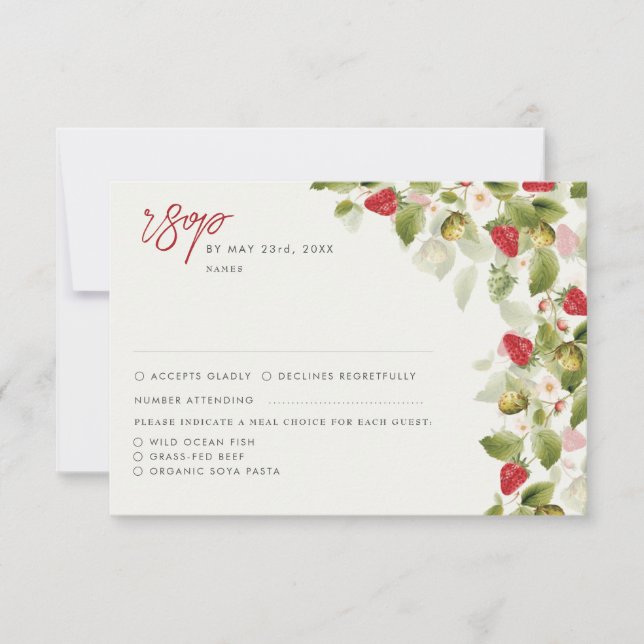 Red Sweet Wild Strawberry Flowers Wedding RSVP Card (Front)