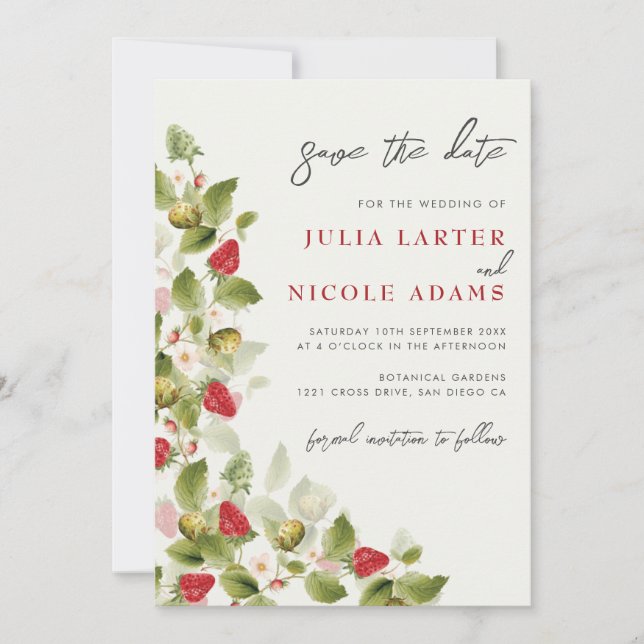 Red Sweet Wild Strawberry Flowers Wedding Save The Date (Front)