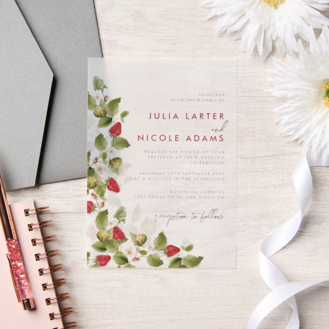 Red Sweet Wild Strawberry Flowers Wedding Vellum Invitations (Wedding)
