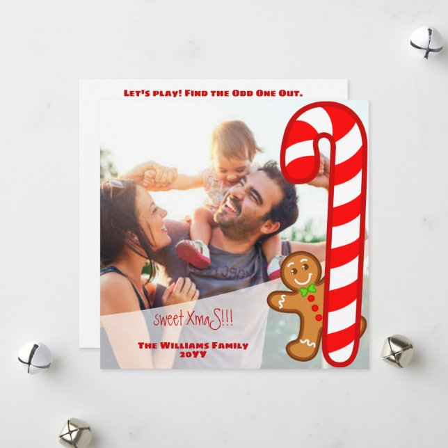 Red sweet XmaS Gingerbread-Candy Cane-Odd One Out Holiday Card (Front/Back In Situ)