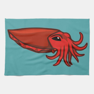 Red Swimming Cuttlefish Kitchen Towel