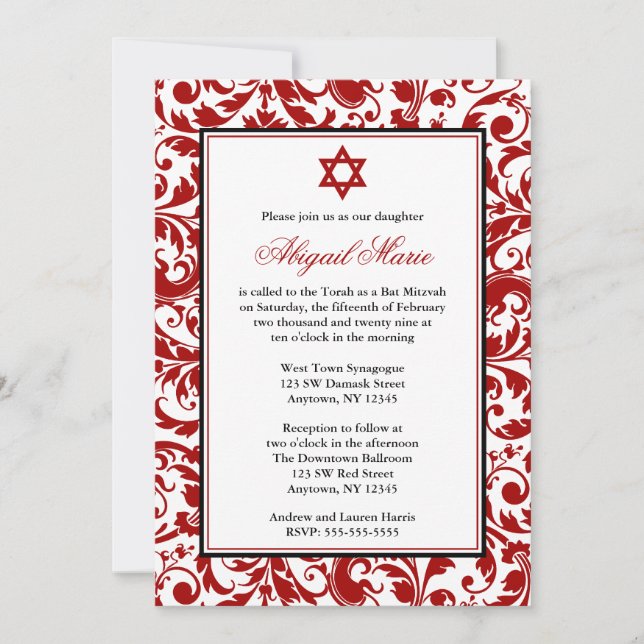 Red Swirl Damask Bat Mitzvah Invitations (Front)
