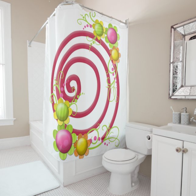 Red Swirl Floral Shower Curtain (In Situ)