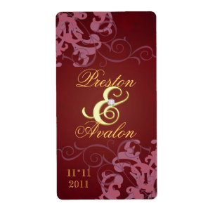 Red Swirl Gold Jewelled Wedding Wine Label