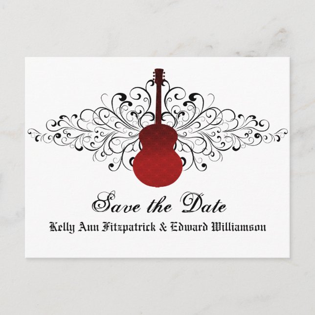 Red Swirls Guitar Enregistrer la date Carte postal (Devant)