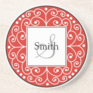 Red Swirls Monogram Personalized Wedding Coaster