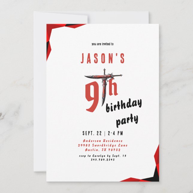 Red Sword Boy Birthday Party  Invitation (Front)