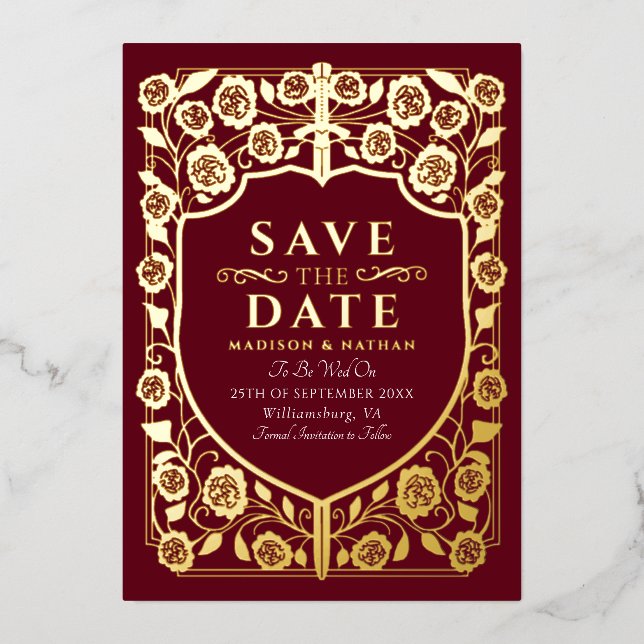 Red Sword Shield Medieval Monogram Save the Date (Front)