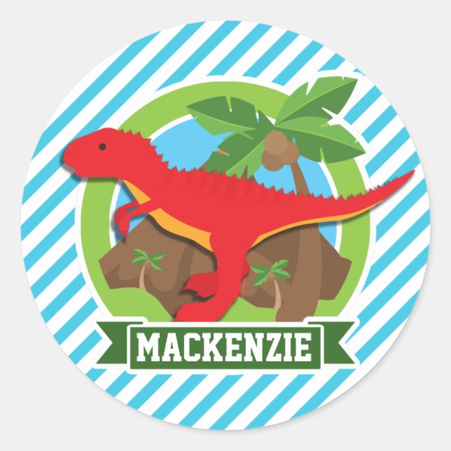 Red T-Rex Dinosaur; Blue & White Stripes Classic Round Sticker (Front)