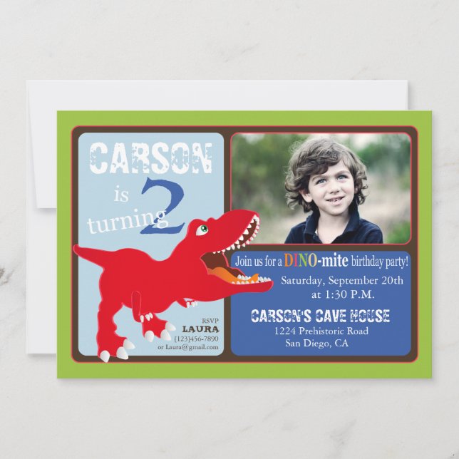 Red T-Rex Dinosaur Second Birthday Invitation Card (Front)