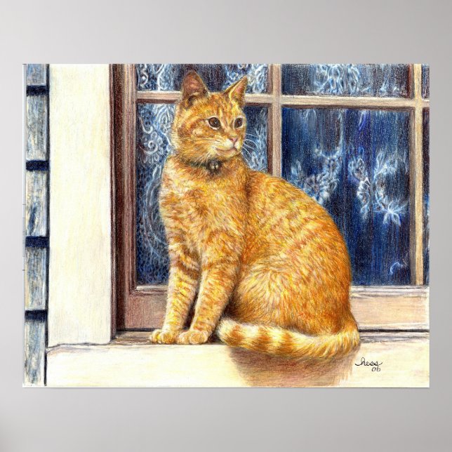 Red Tabby Cat In Window Poster Print (Front)