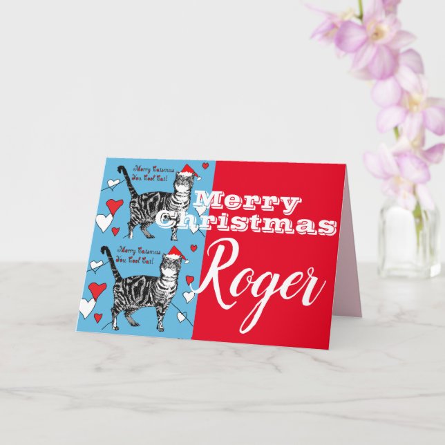 Red Tabby Cat Merry Christmas Mans Name Card (Orchid)