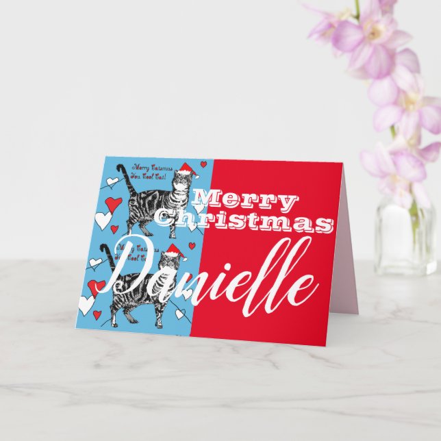 Red Tabby Cat Merry Christmas Womans Name Card (Orchid)